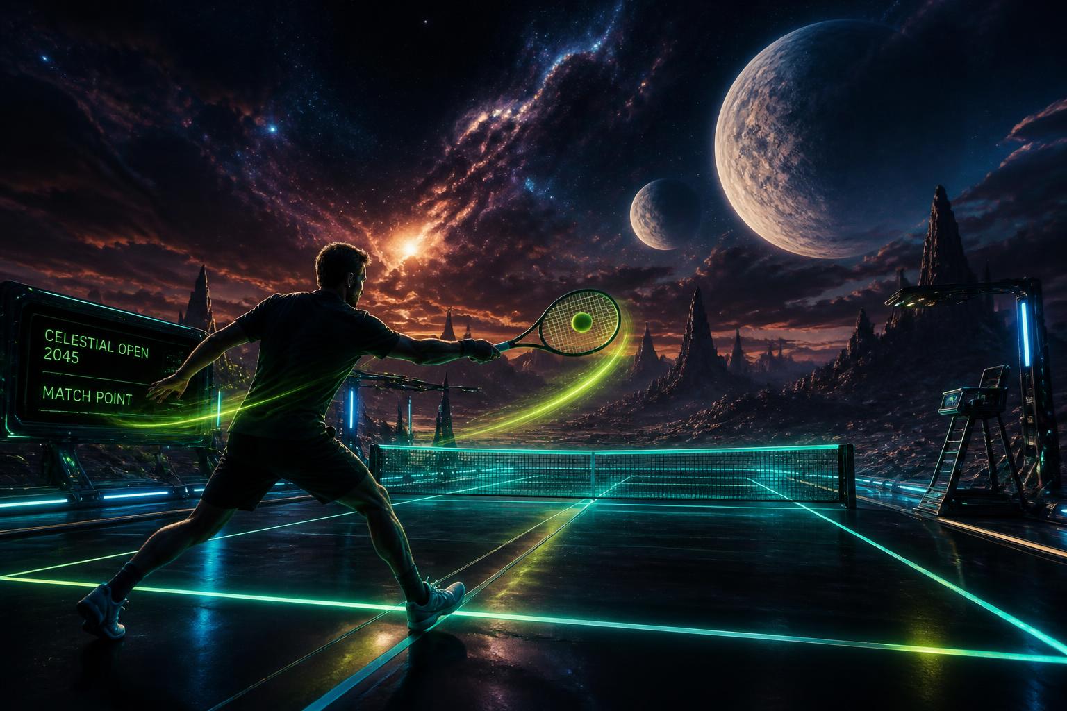 Recreational tennis player striking a clean forehand on a neon-lit futuristic court